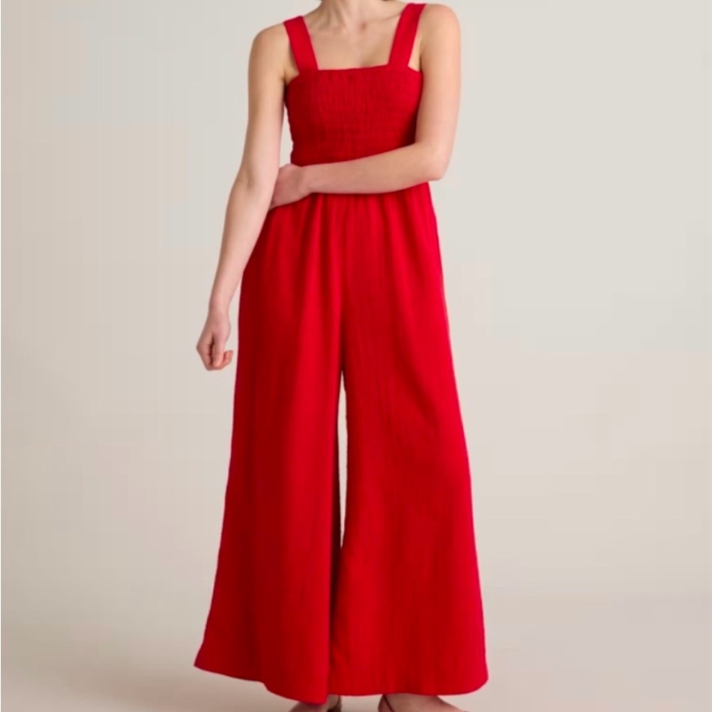 Quince 100% Organic Cotton Gauze Smocked Wide Leg Jumpsuit Wild Cherry Red MED
